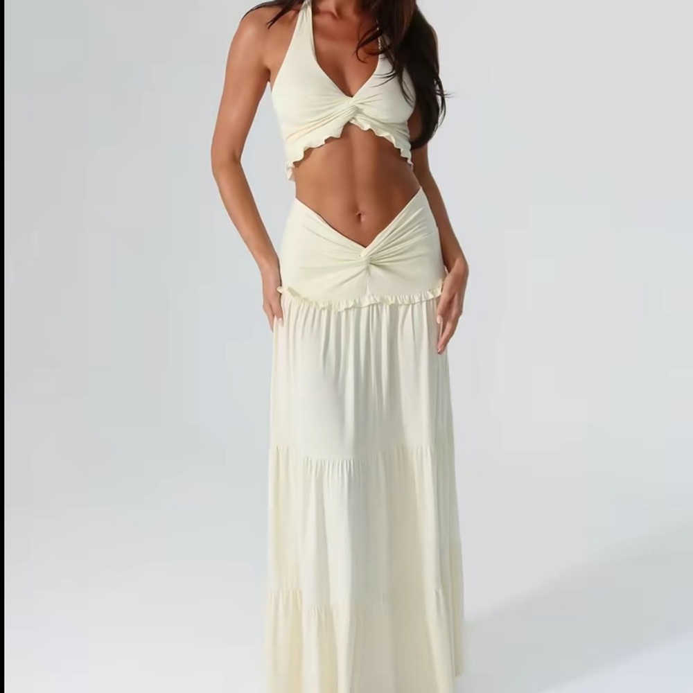 Tiger Mist Cream/yellow Halter Twist Crop Top & Maxi Skirt Set - XS